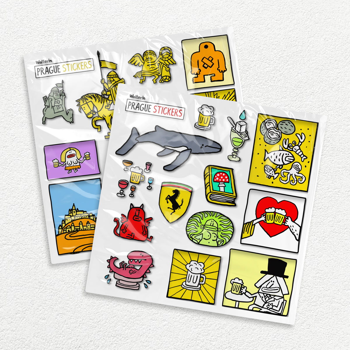Dva hárky nálepiek Walterin Praha v priehľadných obaloch, položené cez seba na bielej ploche. Každý hárok má hlavičku „Walterin · Prague stickers“.