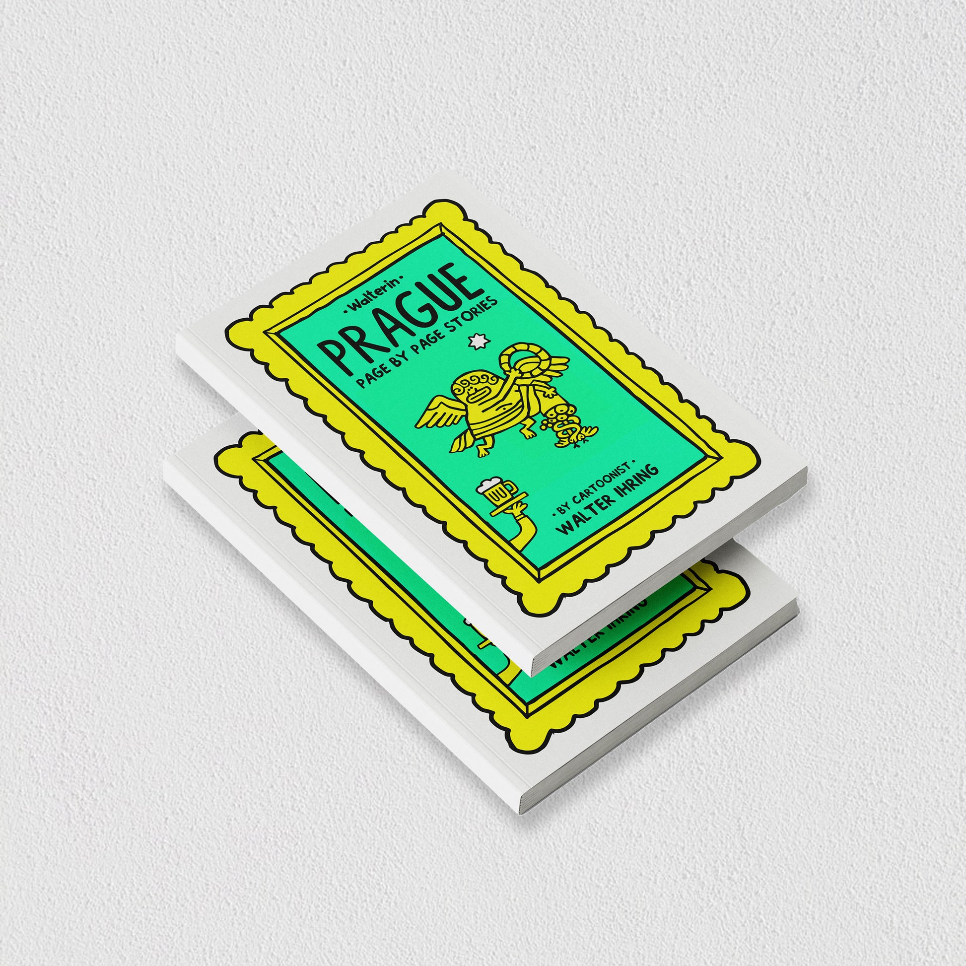 Walterin Prague illustrated comic guide book with witty cover design stacked on a white background