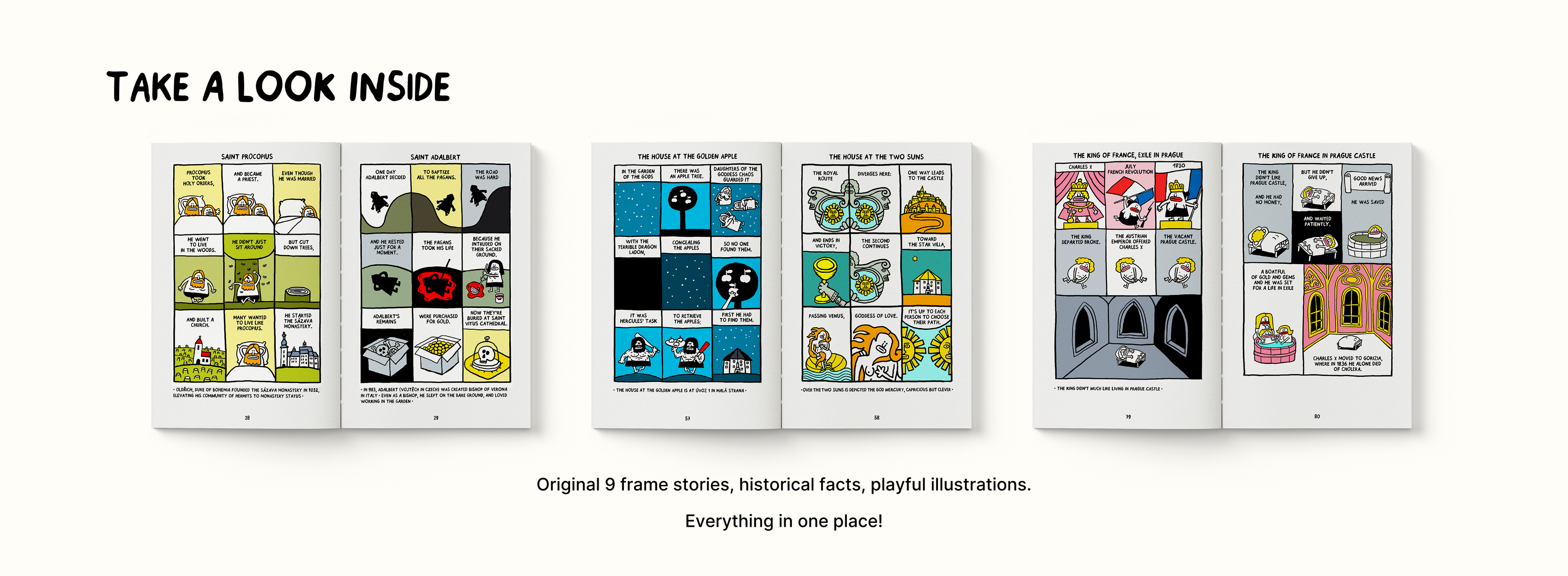 Look inside pages from Walterin Prague showing full-colour 9-frame comic stories and illustrated mini-scenes.