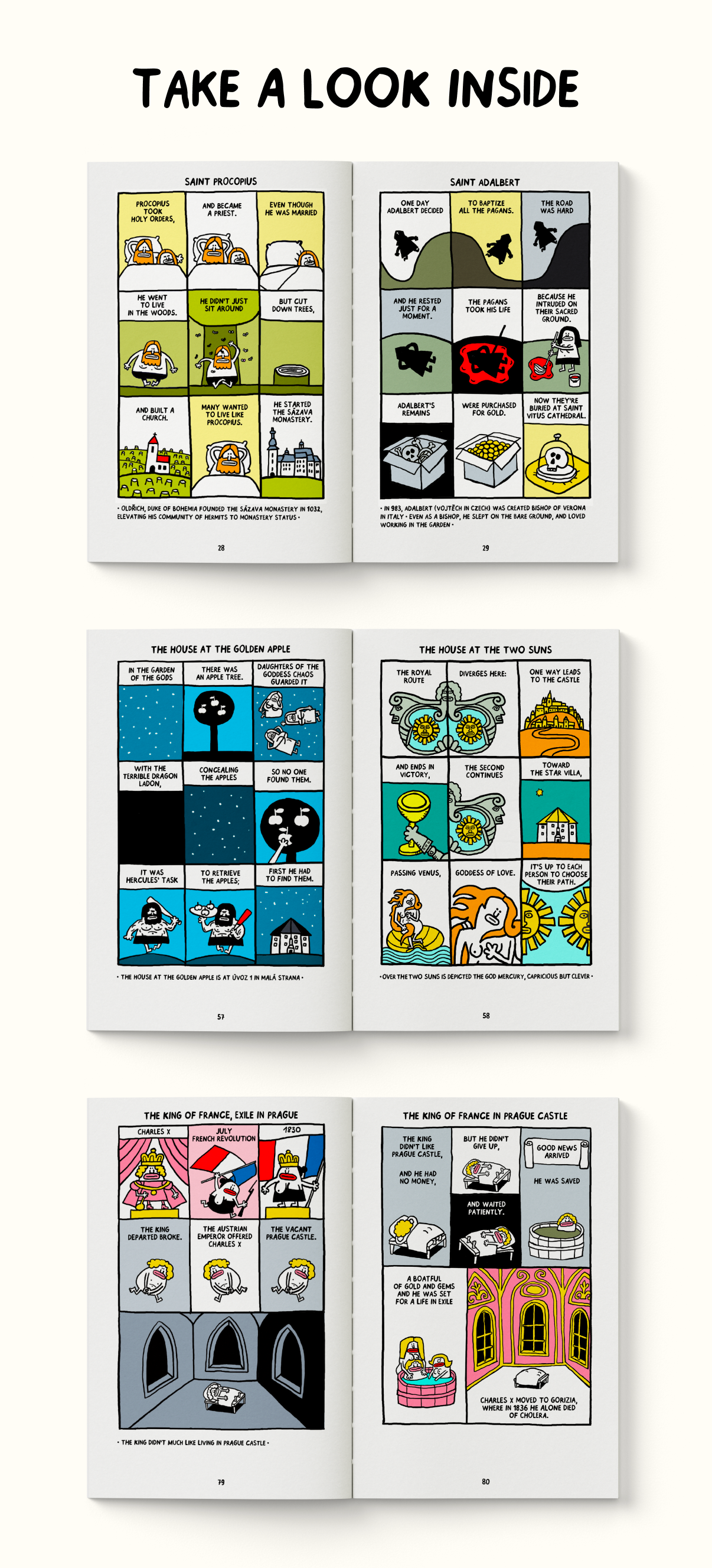 Look inside pages from Walterin Prague showing full-colour 9-frame comic stories and illustrated mini-scenes.