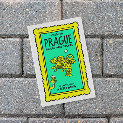 Witty illustrated Prague comic guide book by Walterin photographed outdoors on stone pavement